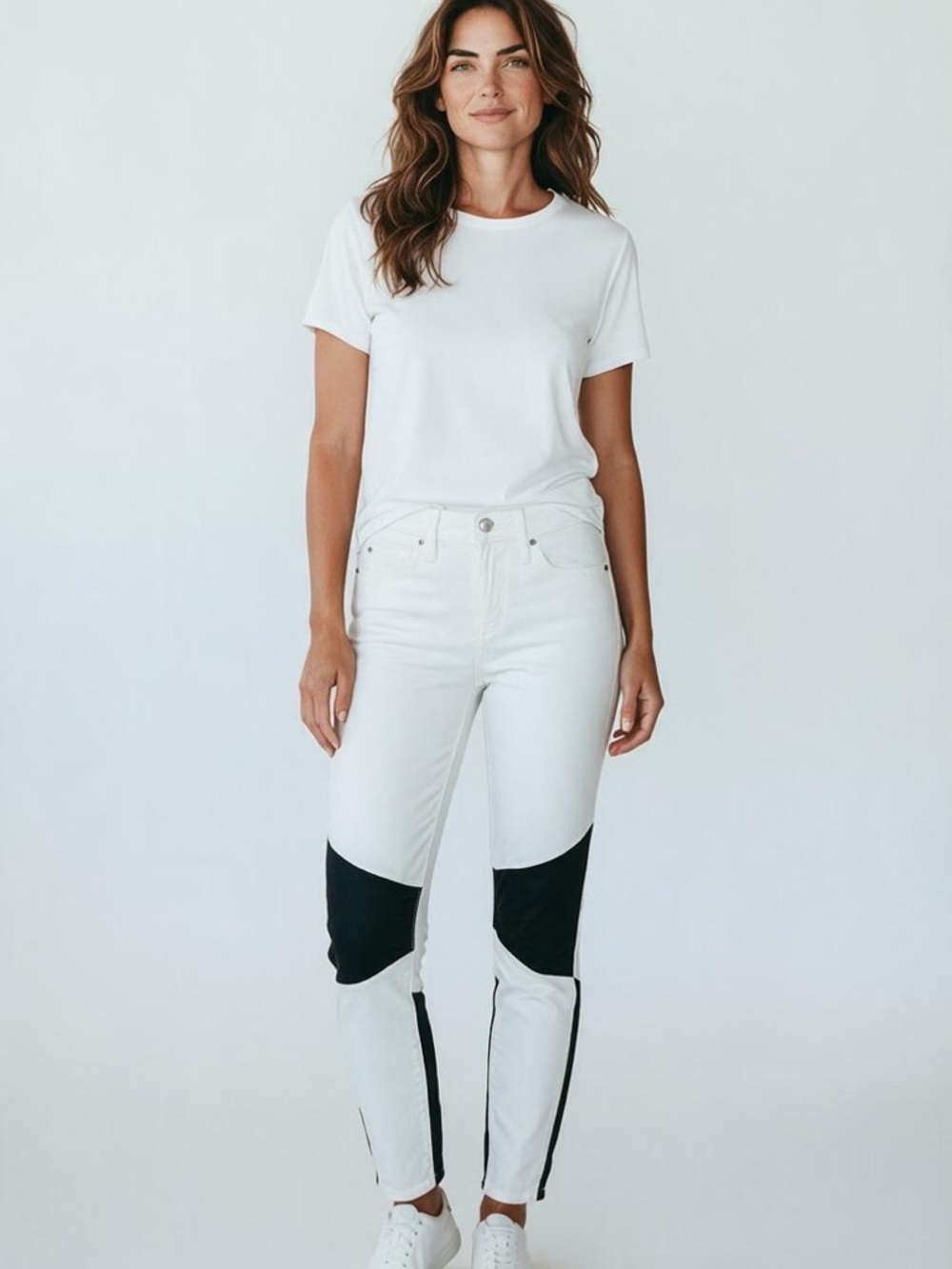 bebe White High-Rise Jeans with Black Knee Panels